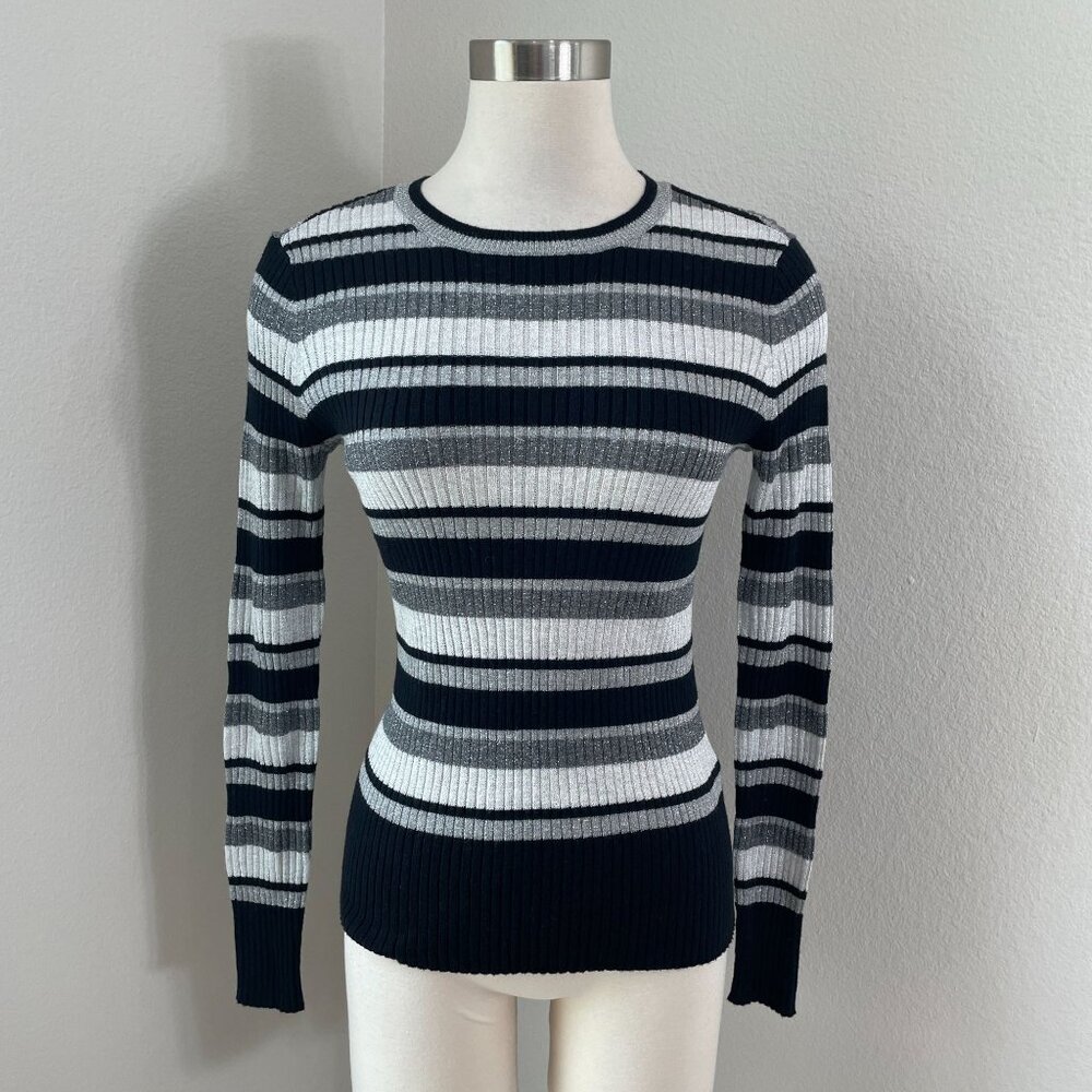 Frame Womens Small Metallic Striped Crewneck Ribbed Sweater Knit Top Stretch